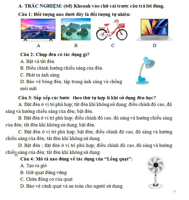 Đề thi cuói kì I môn Công nghệ lớp 3